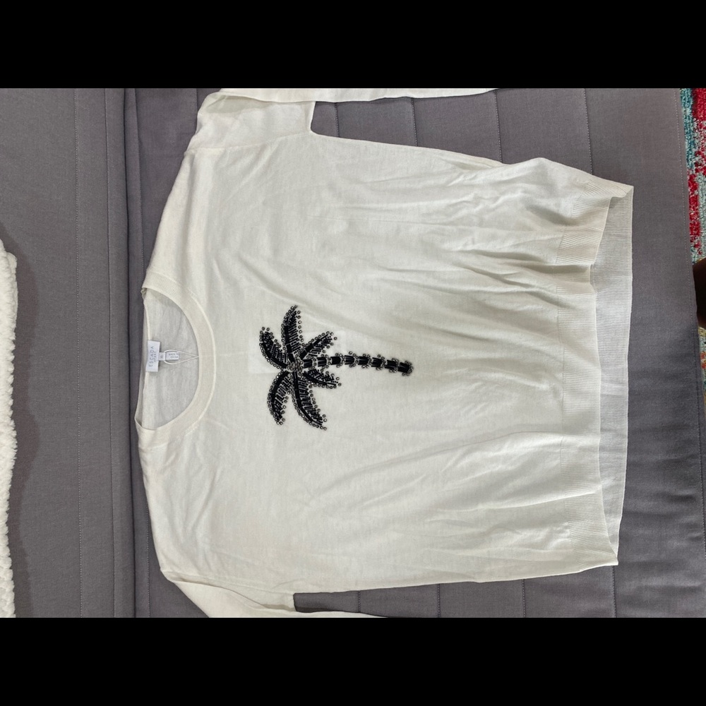 Cream and black beaded palm tree, Escada sweater. New with tags